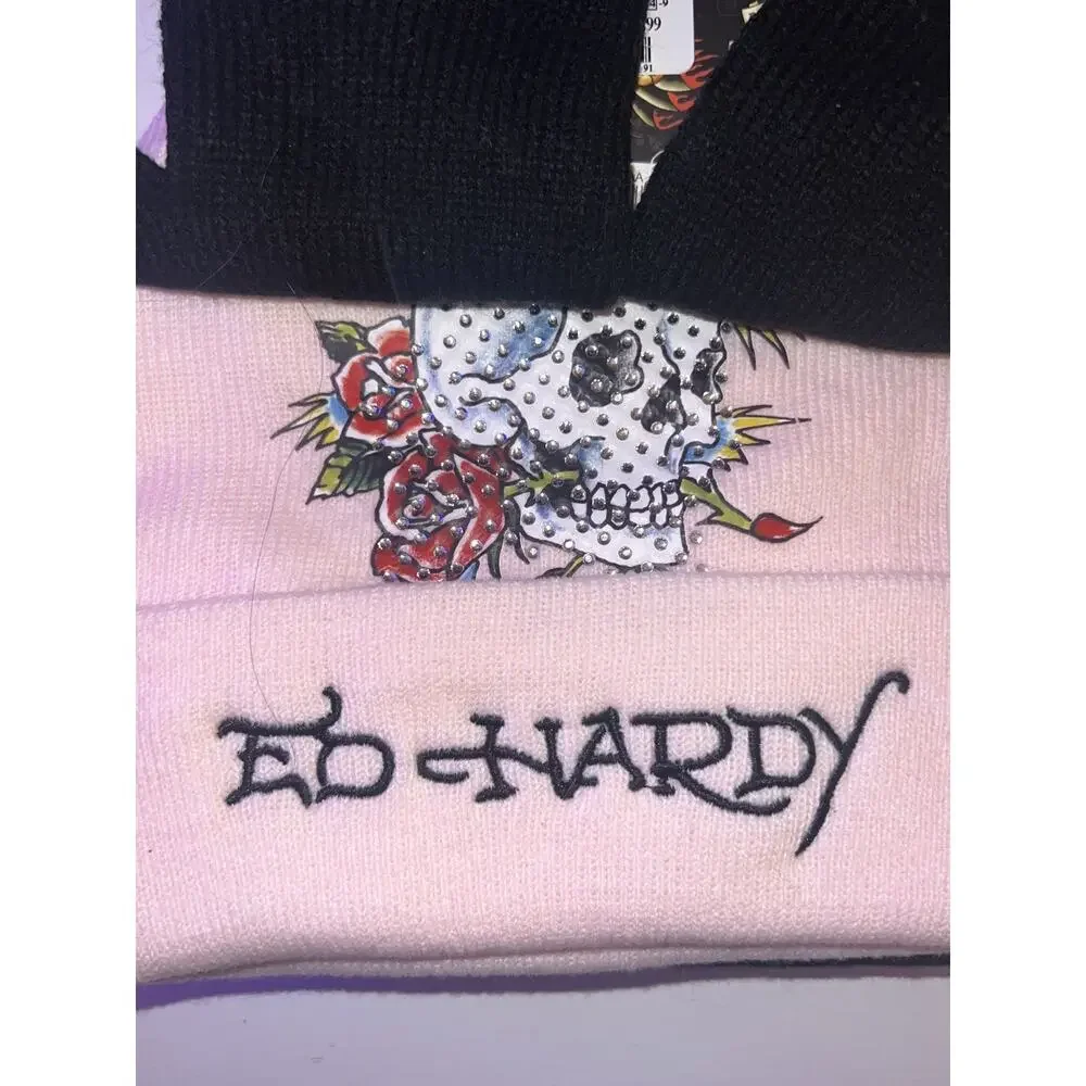 Ed Hardy 3 Pc GIRLS Set 2 Beanies Embroidered Black & Pink & Black Knit Gloves